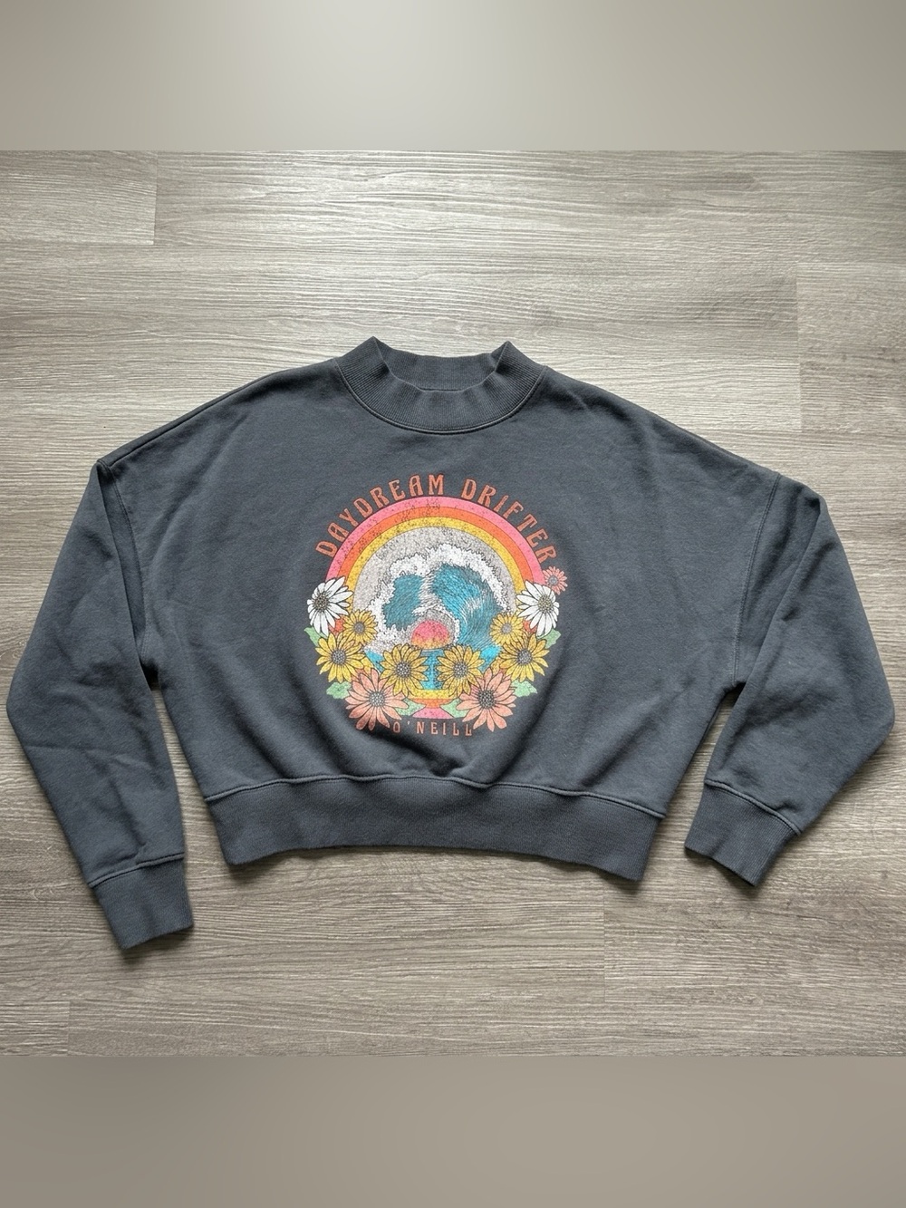O'Neill Daydream Drifter Cropped Graphic Sweatshirt S Gray Rainbow Floral